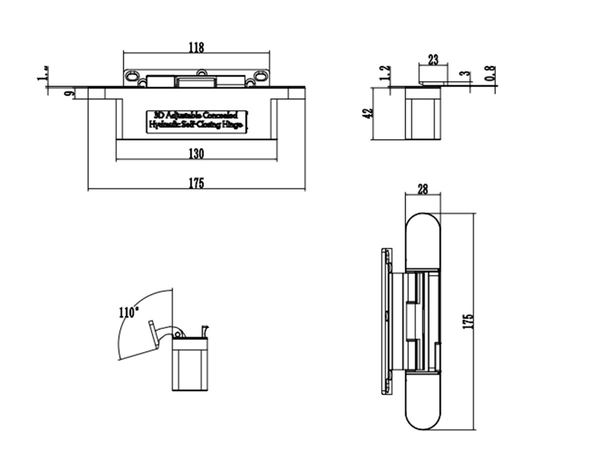 Dimensional drawing of 3D hydraulic concealed hinge