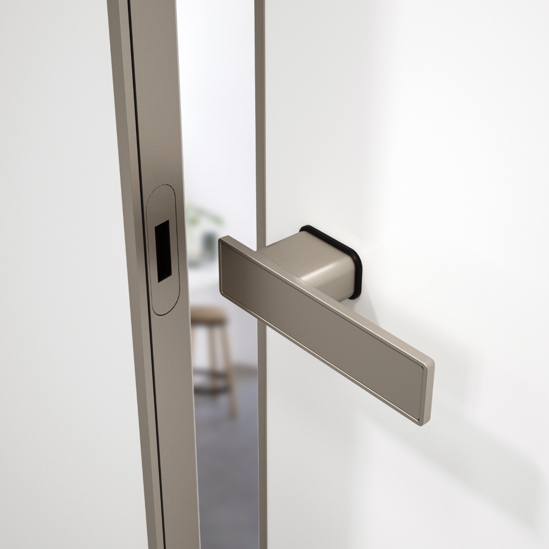 Minimalist door handle with privacy function on wooden door