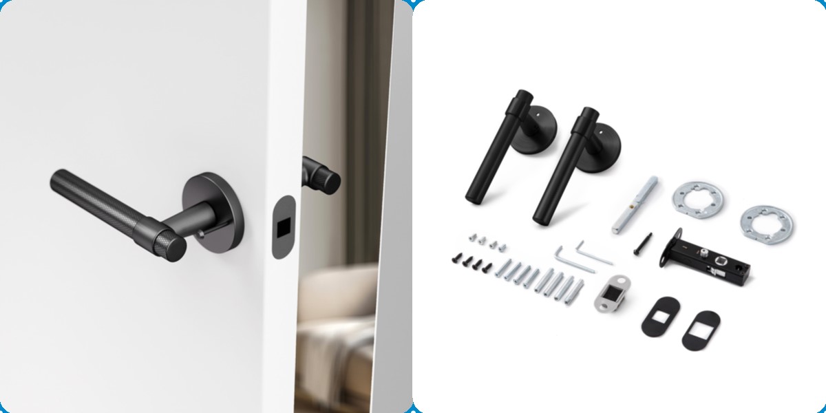 A series of door handles with bathroom-specific functions