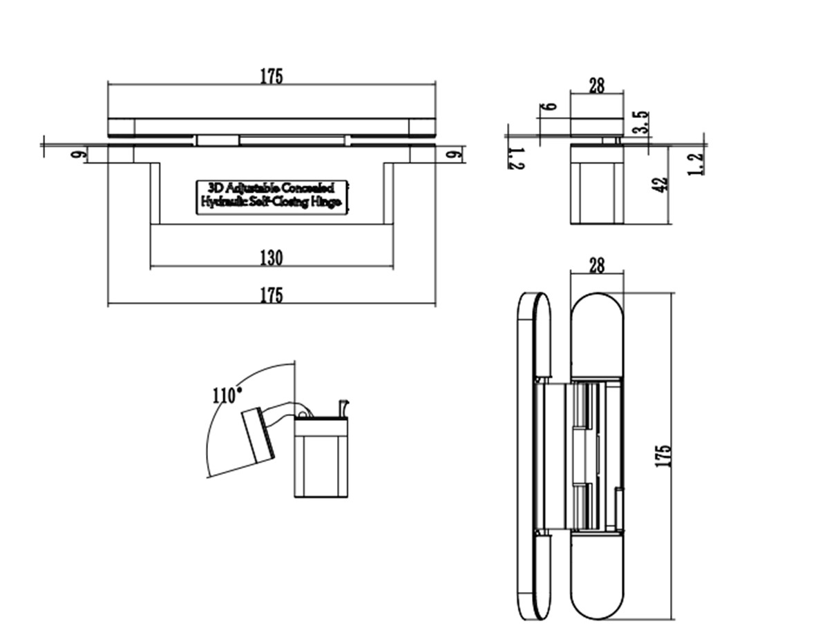 Dimensional drawing of 3D hydraulic concealed hinge